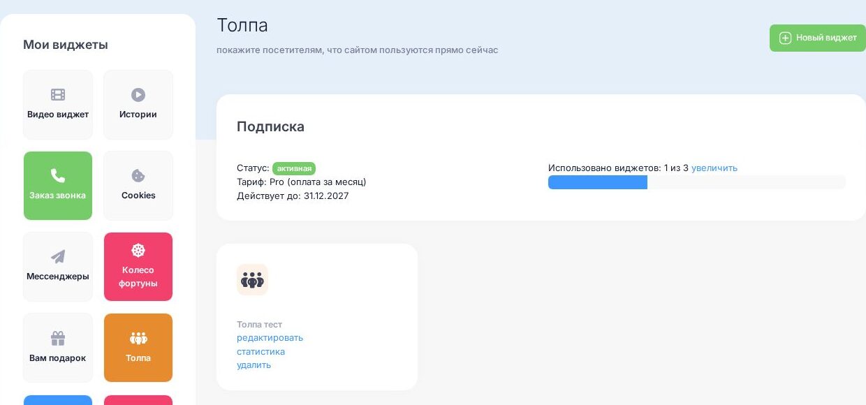 Раздел «Толпа» в кабинете: плитка в блоке «Мои виджеты» и кнопка «Новый виджет»